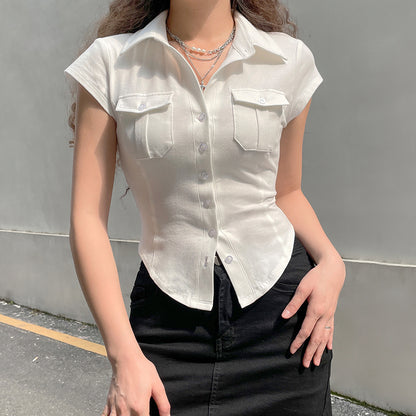 White Pocket Button Down Collar Short Sleeve Shirt