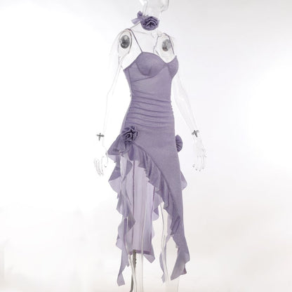 Purple Glitter Flower Frill Split Midi Dress