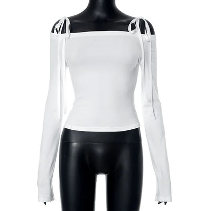 White Bow Off Shoulder Long Sleeve Top