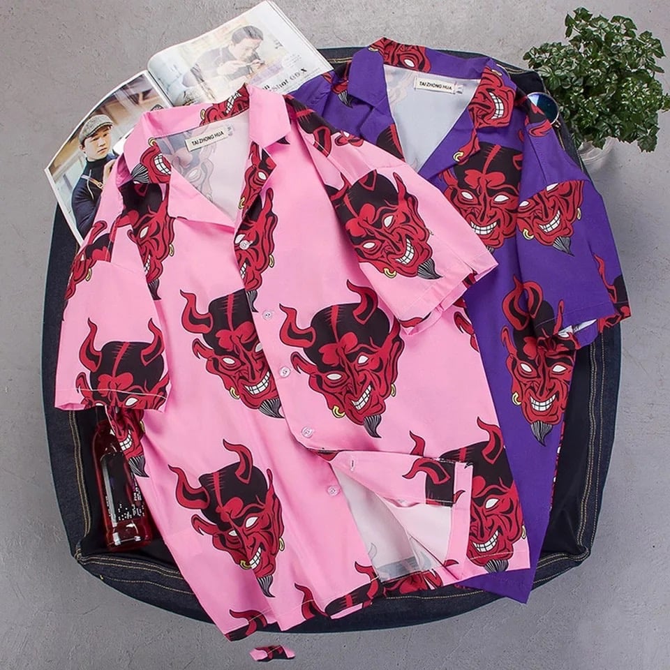 Summer Pink Purple Devil Print Button Down Casual Loose Short Sleeve Tee Shirt T-shirt Top E-Girl Kawaii Korean Japanese Harajuku Streetwear
