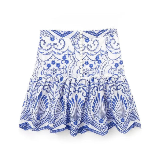 Blue Flower Embroidery Pleated Mini Skirt