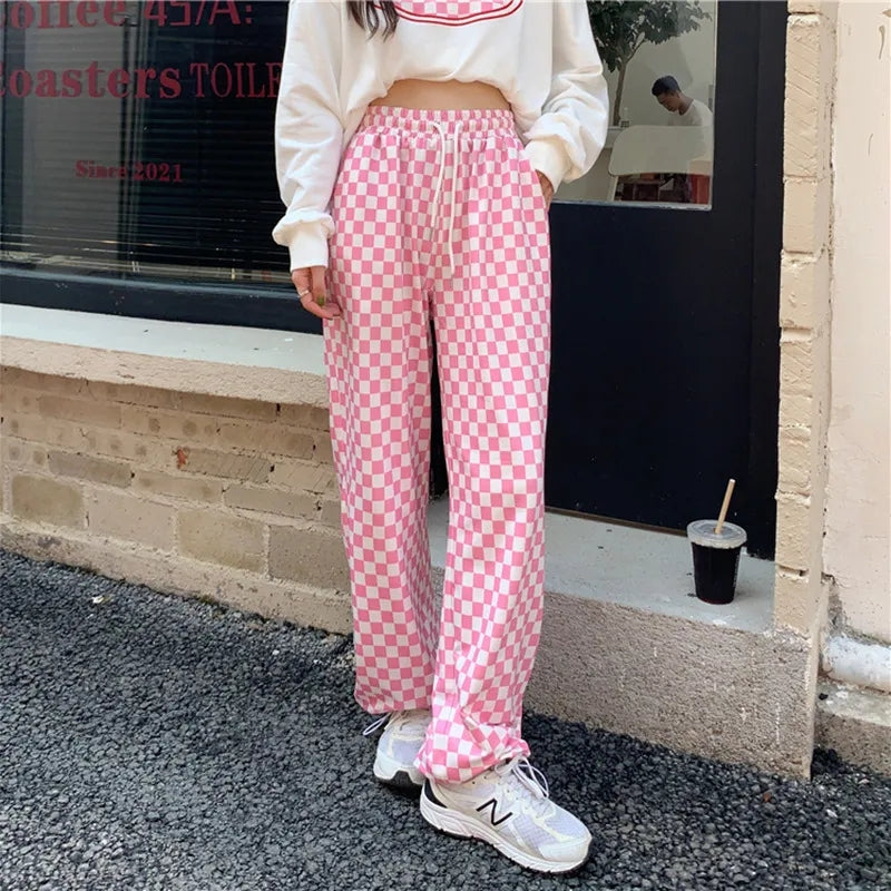 Pink Gingham Loose High Waist Pants