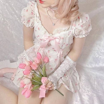 White Floral Puff Short Sleeve Lace Patchwork Mini Dress Summer Aesthetic Casual E-Girl Kawaii Korean Japanese Harajuku
