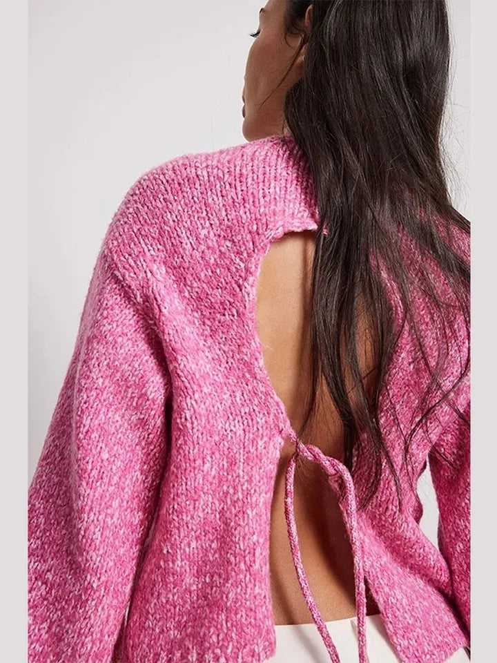 Pink Knit Backless Lace Up Sweater