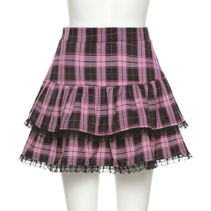 Pink Plaid Pleated Lace Mini Skirt