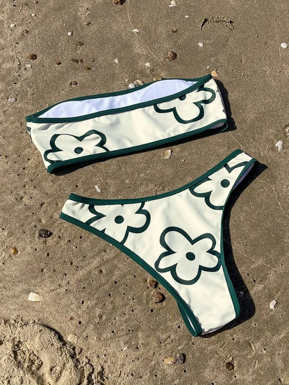 Green Contrast Floral Print Bikini Set