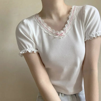 Lace Trim Bow V Neck Puff Short Sleeve Shirt