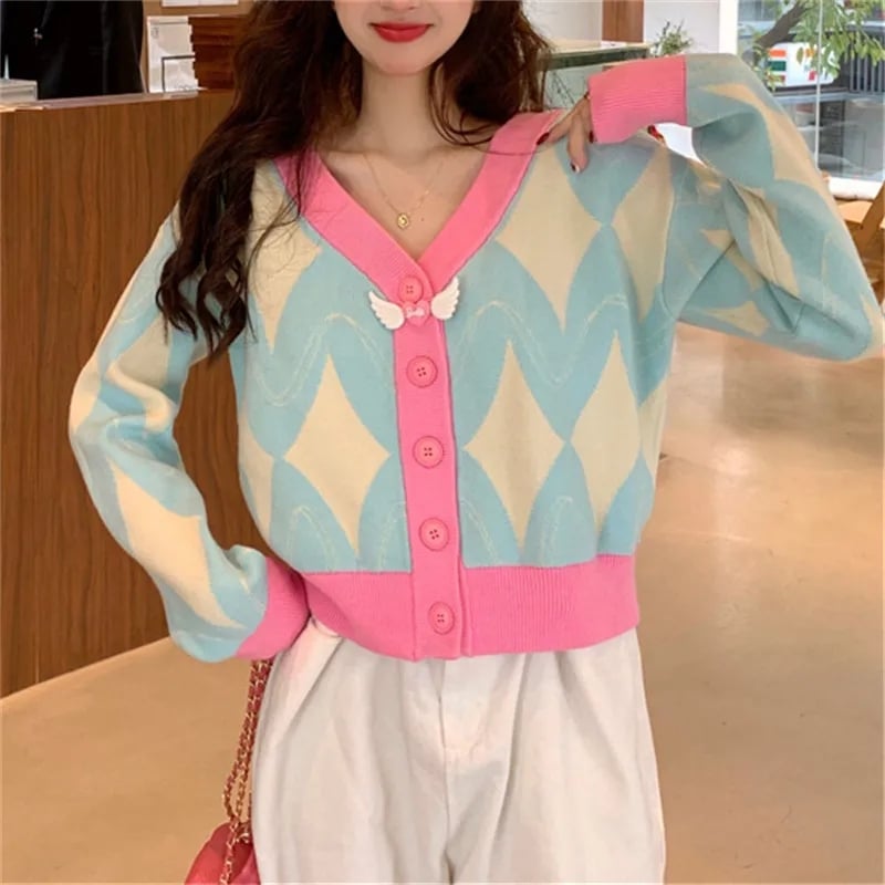 Pastel Argyle V Neck Cardigan Sweater