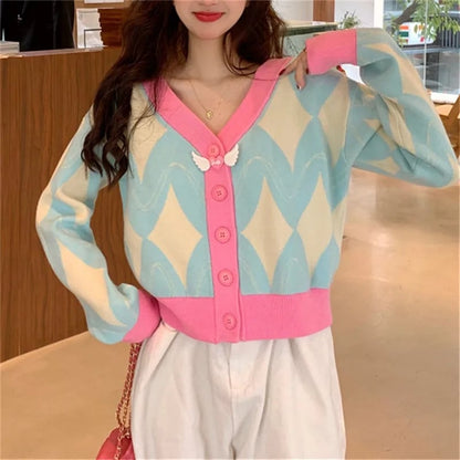 Pastel Argyle V Neck Cardigan Sweater