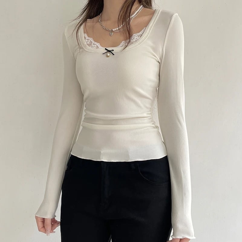 White Lace Bow Long Sleeve Crop Top
