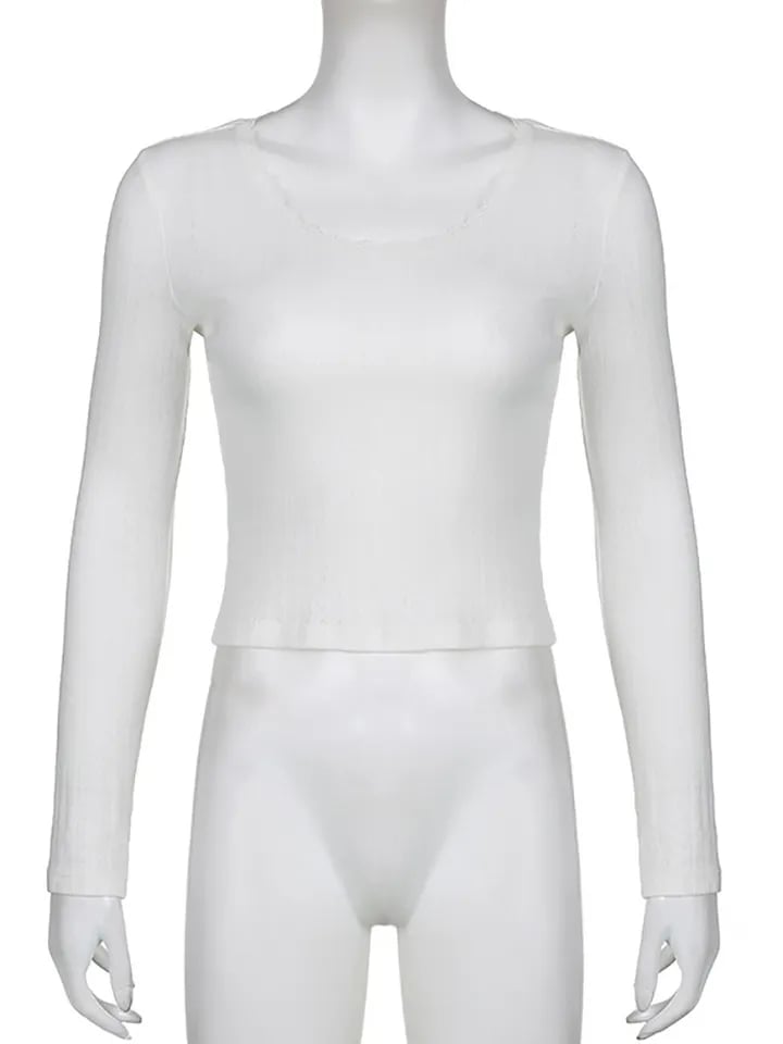 White Ribbed Lace Long Sleeve Shirt