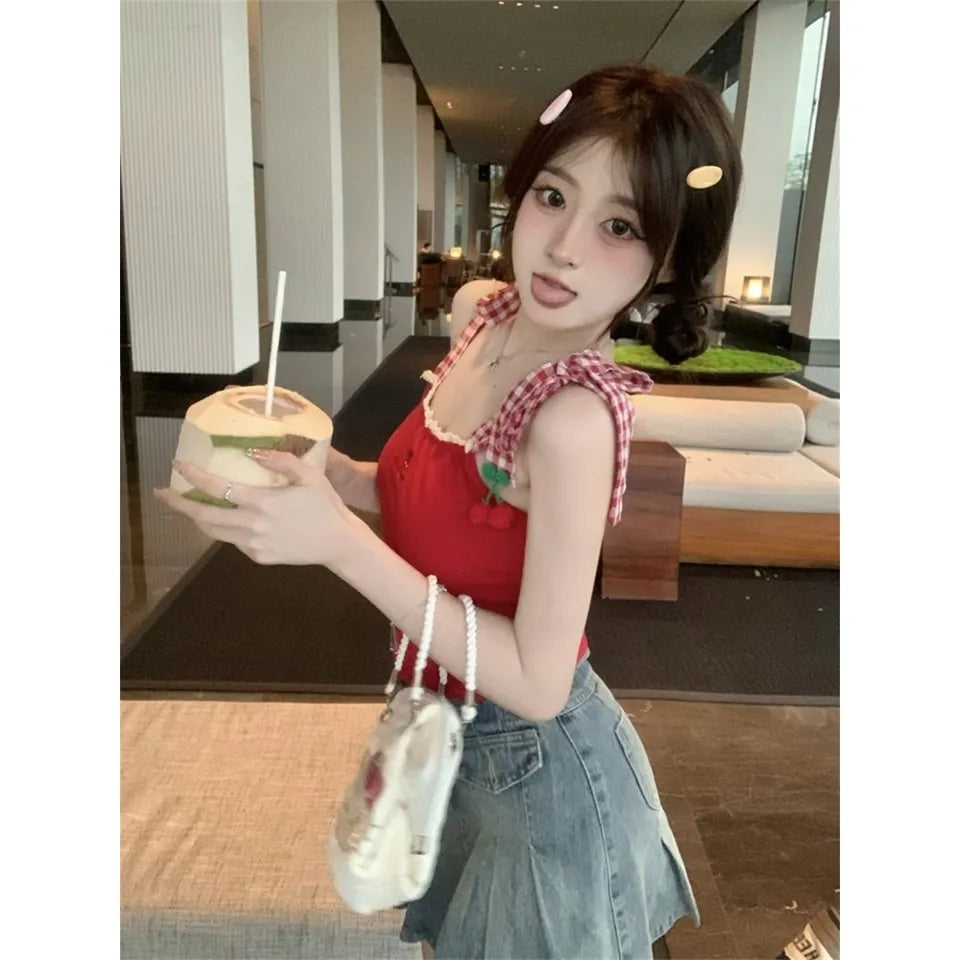 Cherry Red Plaid Embroidery Tank Top