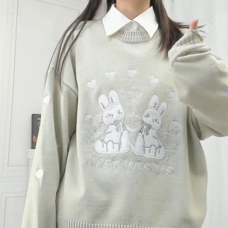 Green Rabbit Knit Long Sleeve Sweater