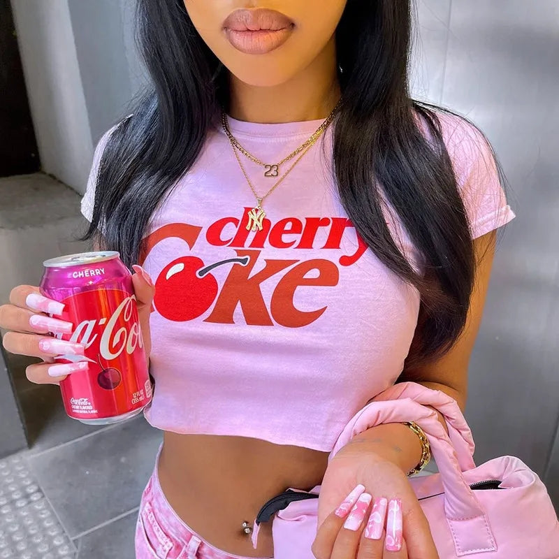 Pink Cherry Soda Print Crop T-shirt