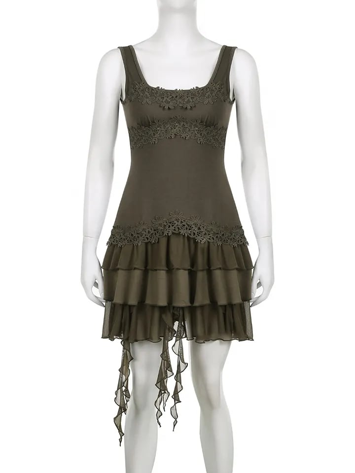 Green Ruffle Irregular Lace Dress