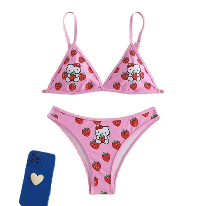2PCS Pink Strawberry Japanese Cat Bikini Set