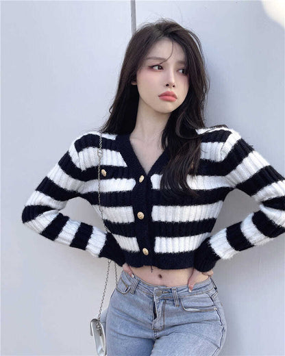 Blue & White Stripe Gold Button Sweater