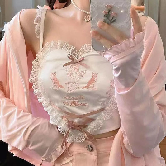 Cute Pink Lace Heart Frill Bustier Tank Crop Top Corset Summer Aesthetic Casual E-Girl Kawaii Korean Japanese Harajuku