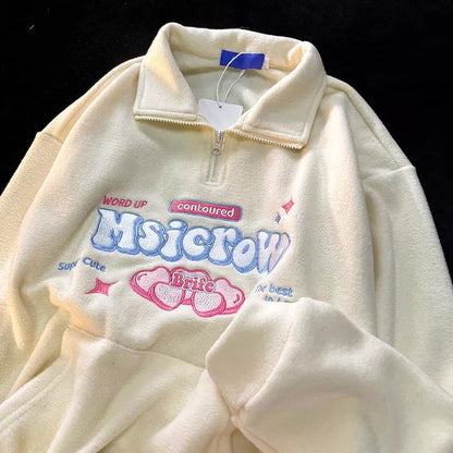 Love Heart Letter Embroidery Loose Long Sleeve Pullover