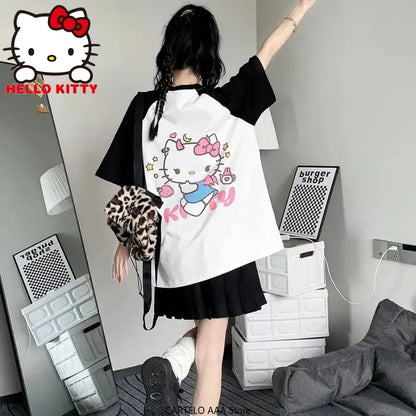Japanese Cat Print Patchwork Short Sleeve T-shirt