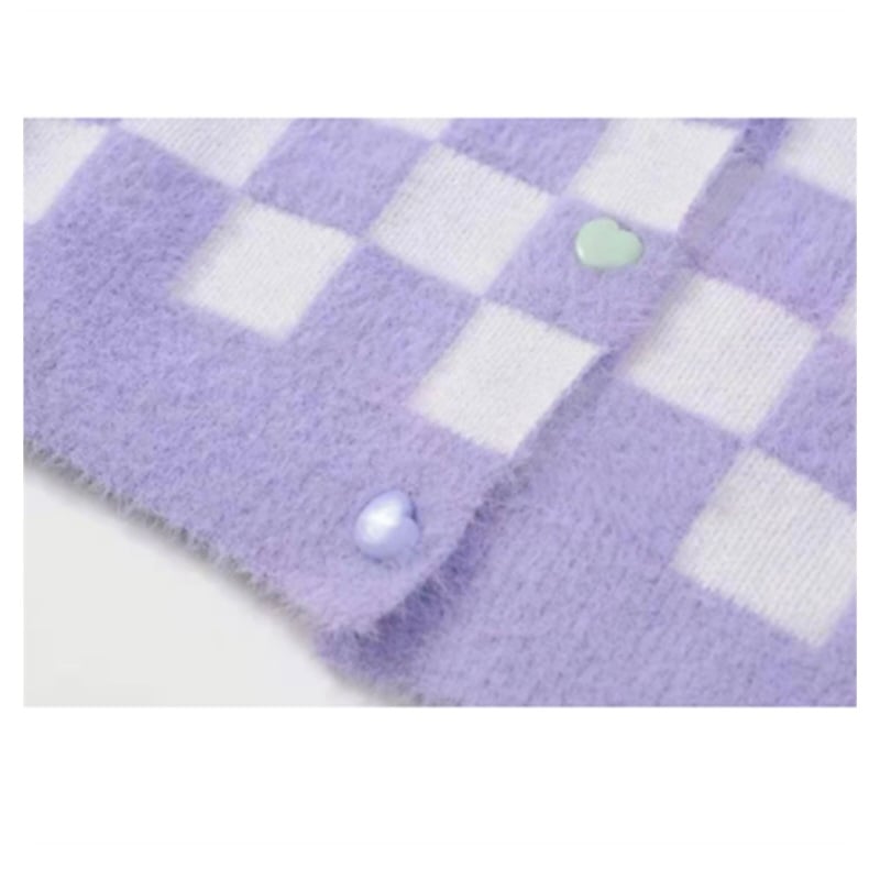 Purple Color Block Heart Button V Neck Sweater