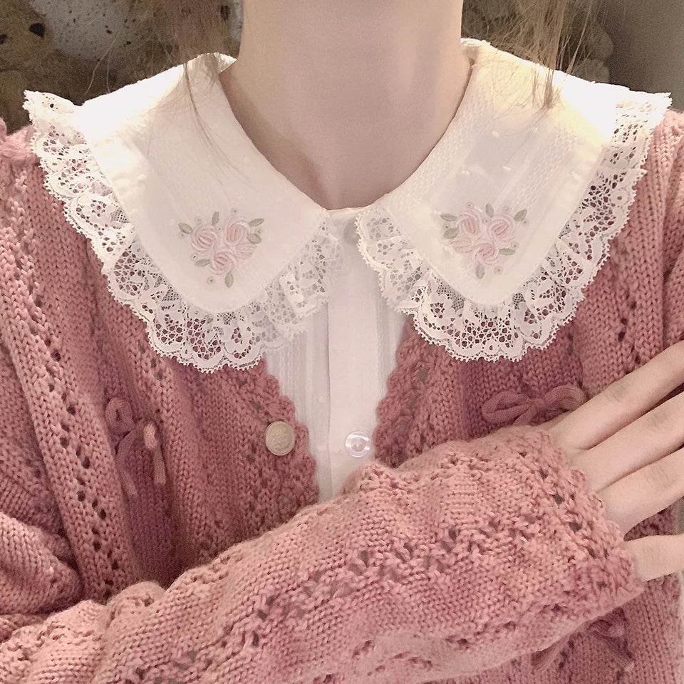 White Floral Embroidery Peterpan Collar Blouse