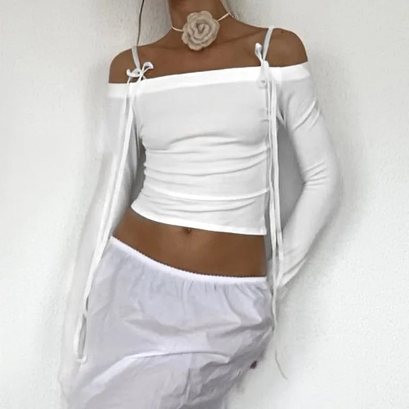 White Bow Off Shoulder Long Sleeve Top