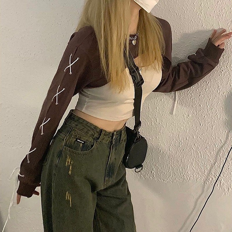Brown Lace Up Crop Top