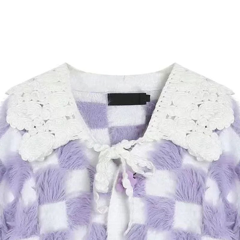 Fluffy Purple & White Plaid Cardigan