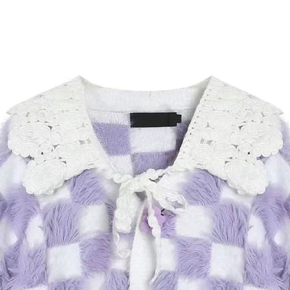 Fluffy Purple & White Plaid Cardigan