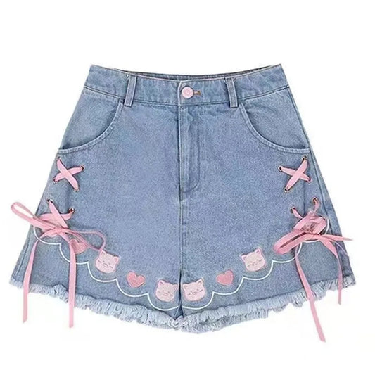 Cat Embroidery Pink Ribbon Denim Shorts