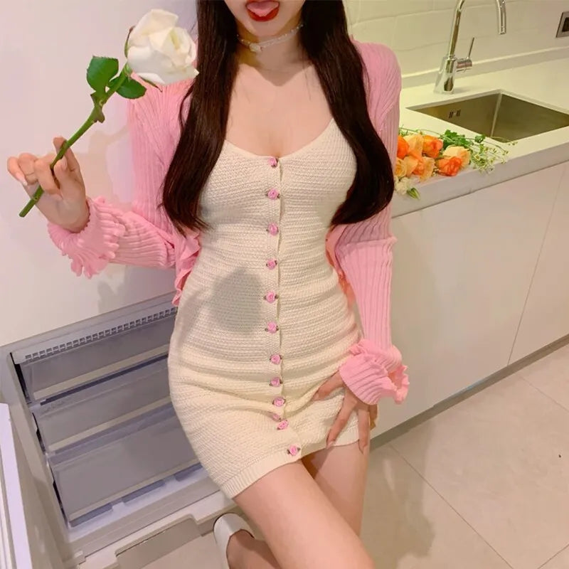 2PCS Rose Button Knit Dress + Cardigan