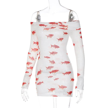 Goldfish Off Shoulder Long Sleeve Mini Dress