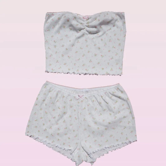 2PCS Pink Floral Print Frill Strapless Top + Shorts Set