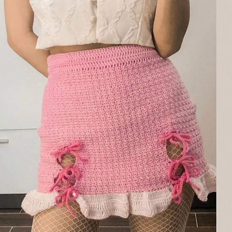 Black & Pink Knit Bow Splice Mini Skirt