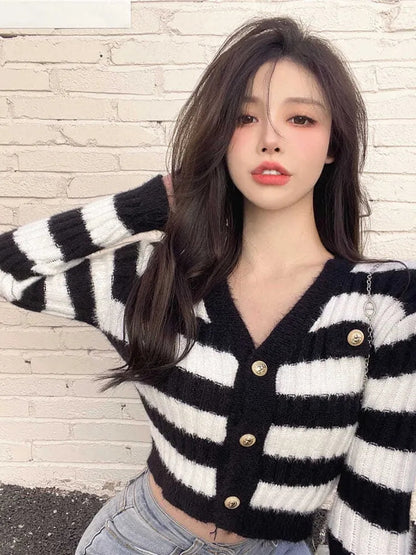 Blue & White Stripe Gold Button Sweater