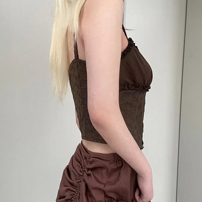 Brown Lace Patchwork Crop Top
