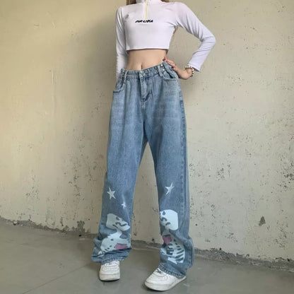 Blue Skull Print Denim Straight Leg Jeans