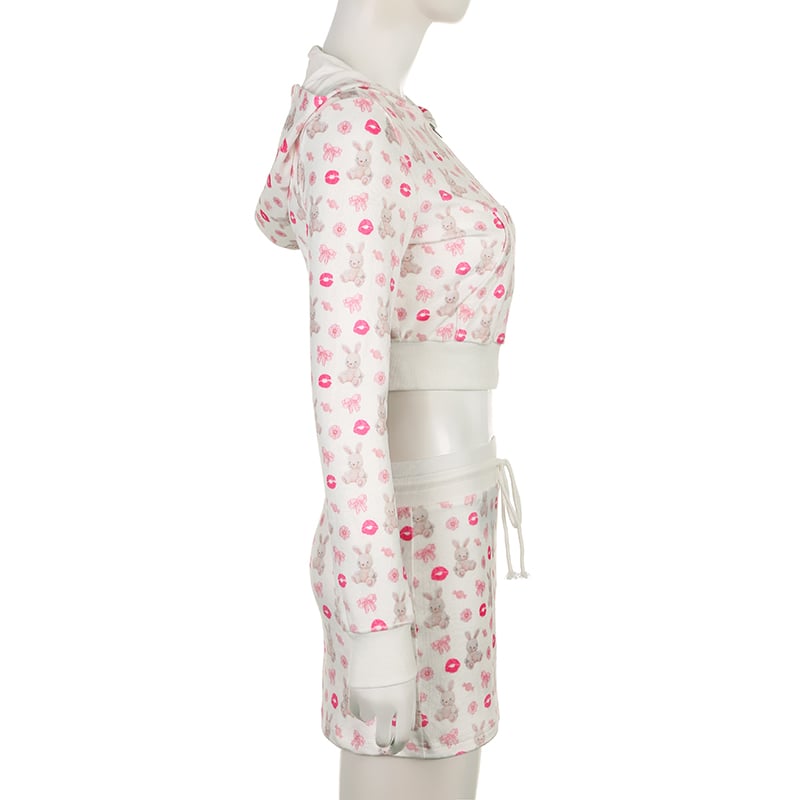 2PCS Rabbit Print Tracksuit Hoodie + Mini Skirt Set