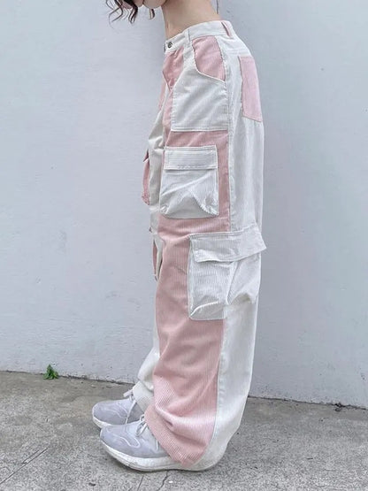 Pink Contrast Patchwork Cargo Pants