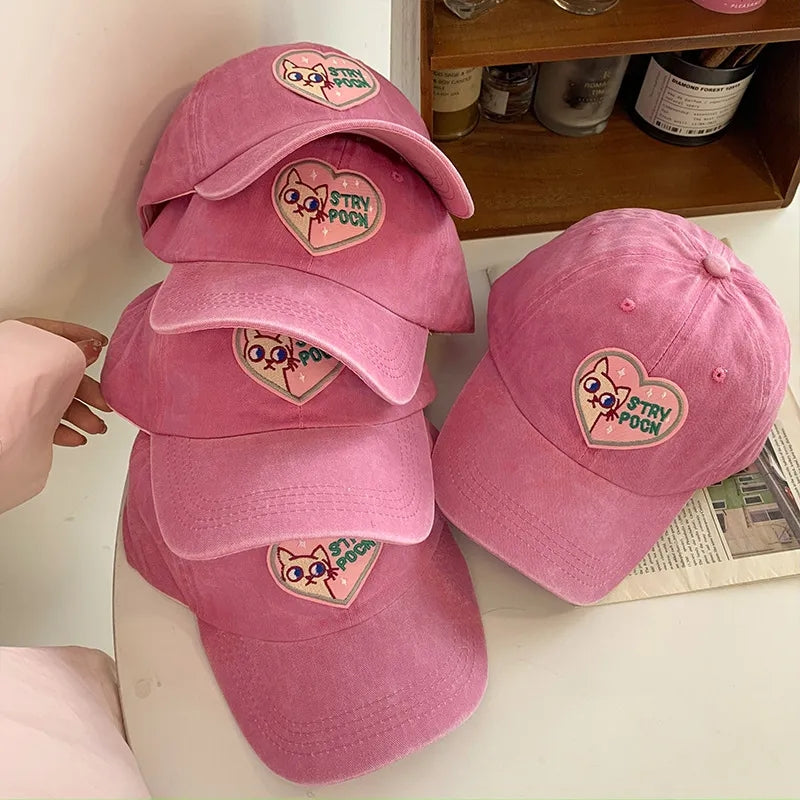 Pink Cat Heart Embroidery Baseball Hat