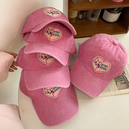Pink Cat Heart Embroidery Baseball Hat