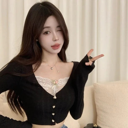Heart Button Lace Knit Long Sleeve Shirt
