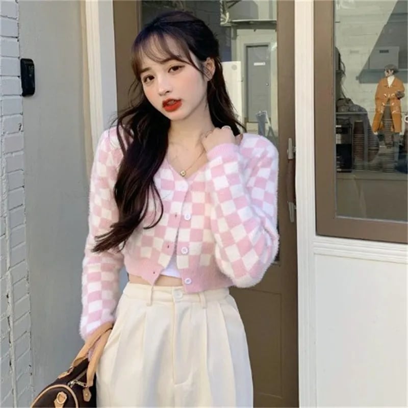 Purple Color Block Heart Button V Neck Sweater