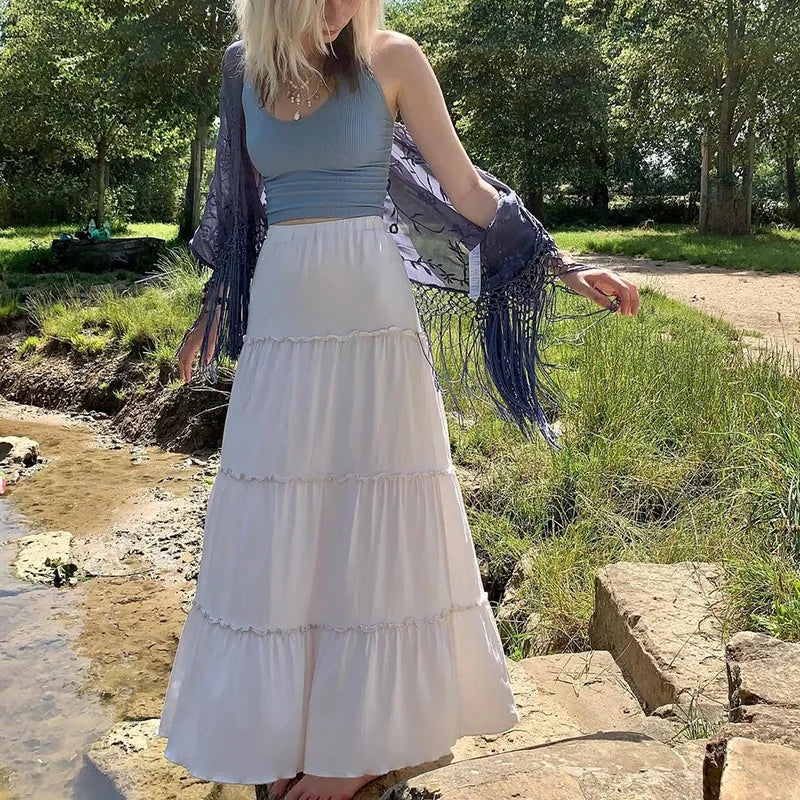 White Pleated Frill Maxi Skirt