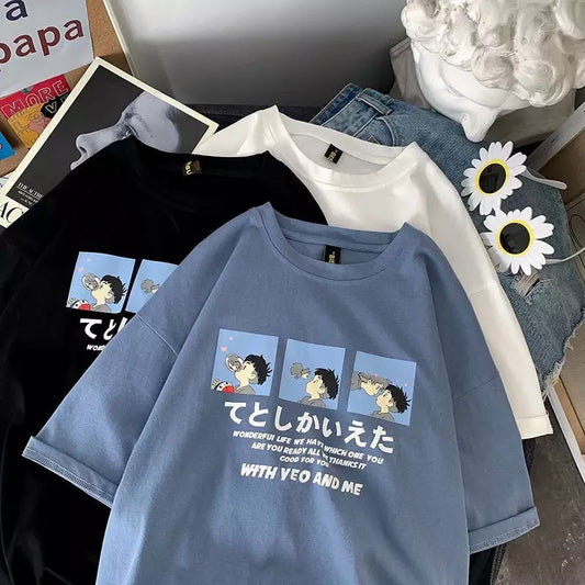 Cute Anime Boy Print Cartoon Oversized Loose Short Sleeve Shirt T-shirt Top Tee Summer Casual E-Girl Kawaii Korean Japanese Harajuku Streetwear