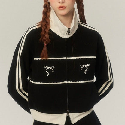 Grey Bow Embroidery Zipper Jacket