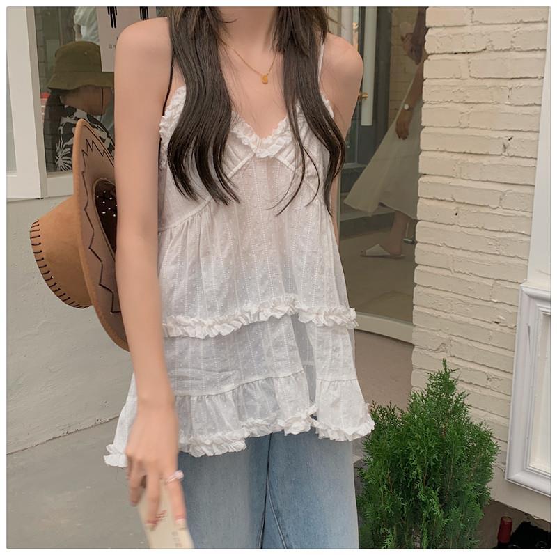 White Ruffle Spaghetti Strap Tank Top