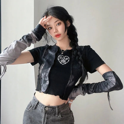 Black & Grey Patchwork Crop Top with Sleeve