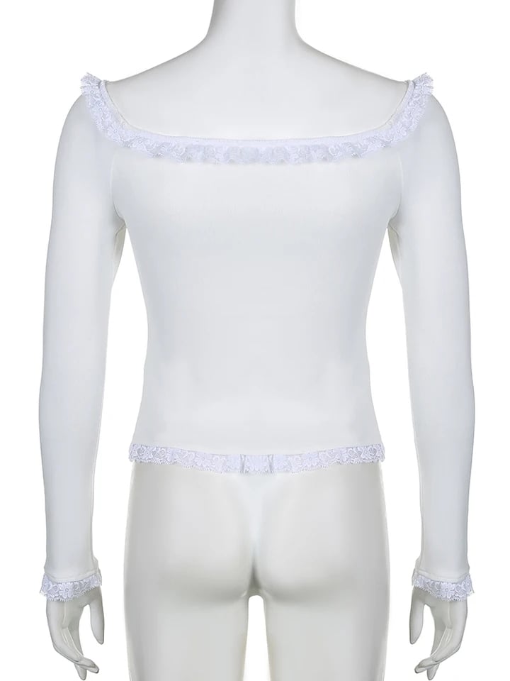 White Square Neck Lace Long Sleeve Crop Top